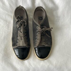 Grey Suede Lanvin Sneakers with Patent Cap Toe, Size 36